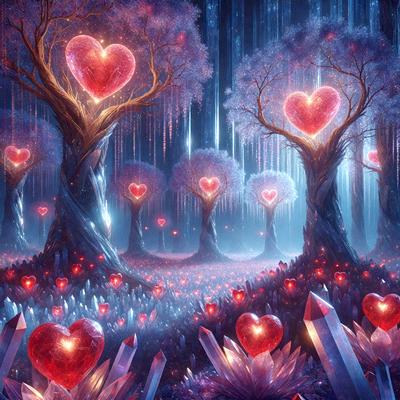 The primary subject of the image is a forest filled with trees and hearts. The setting is a magical, fairy tale-like environment, with a purple and blue color scheme. The visual style is digital art, creating a whimsical and enchanting atmosphere. The hearts scattered throughout the forest add a playful and romantic touch to the scene.